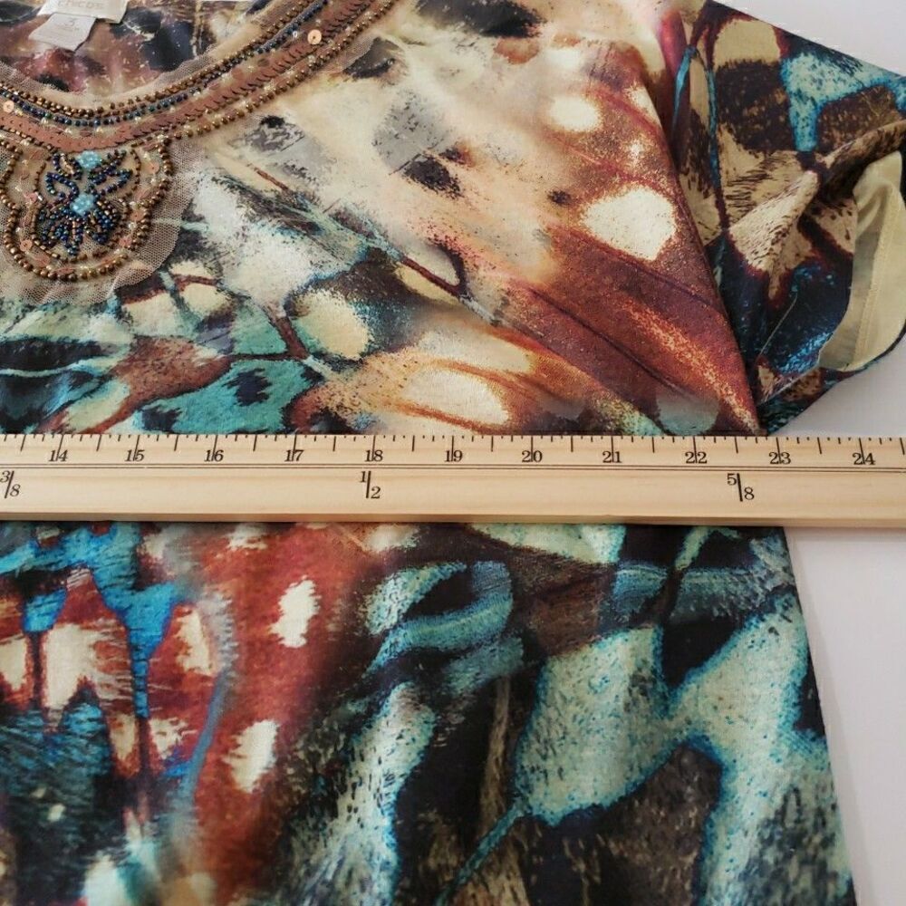 Chico's Sequin Short Sleeve Side Tie Blouse Brown Geo Women's 3 (XL) - Picture 6 of 6